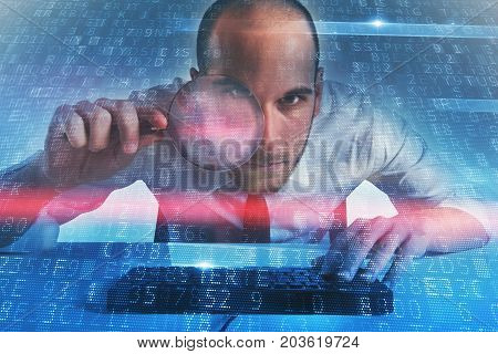 Businessman found a backdoor illegal access on a computer. Concept of internet security