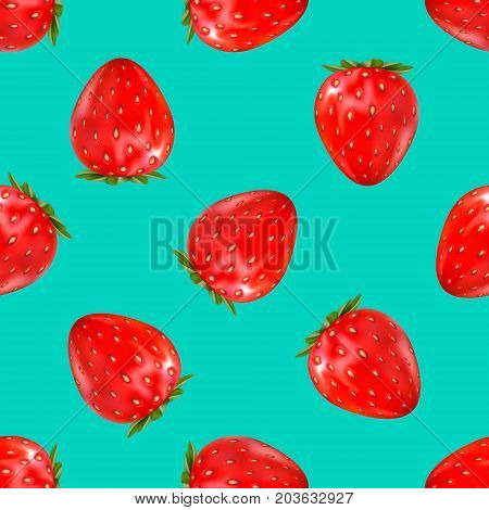 Strawberry seamless pattern. 3d realistic vector illustration isolated on blue