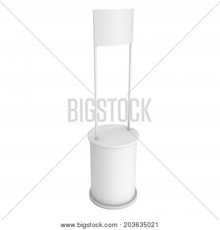 Stall or Kiosk Modern Promostand Reception Desk. Trade show booth white and blank. 3d render illustration isolated on white background. Template mockup for your expo design.