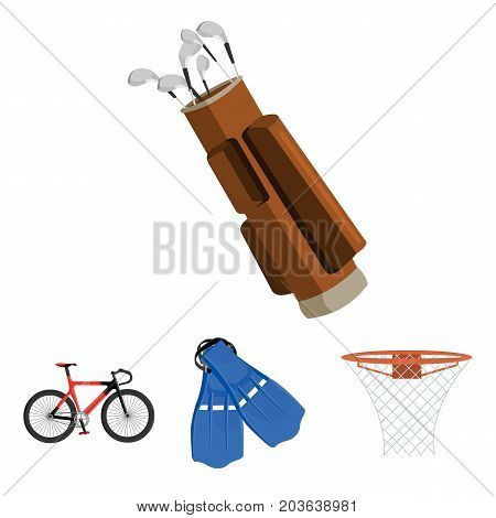 Flippers for swimming, basketball basket, net, racing holograph, golf bag. Sport set collection icons in cartoon style vector symbol stock illustration .