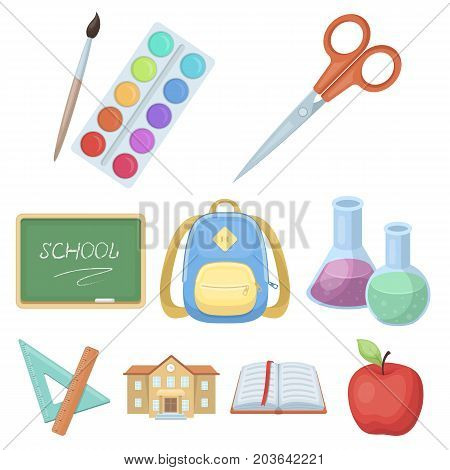 Set of pictures about the school. Study training. Supplies for school.Outfit of the student. School and eduacation icon in set collection on cartoon style vector symbol stock web illustration.