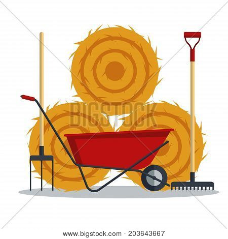 Red flat gardening wheelbarrow with hay, rake and pitchfork isolated on white background. Tool constraction farming wheel icon equipment - vector illustration.