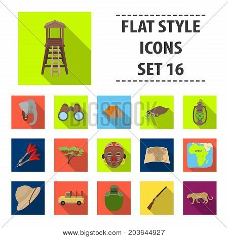Rifle, mask, map of the territory, diamonds and other equipment. African safari set collection icons in flat style vector symbol stock illustration .