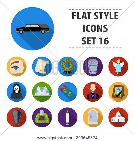Funeral ceremony set icons in flat design. Big collection of funeral ceremony vector symbol stock illustration