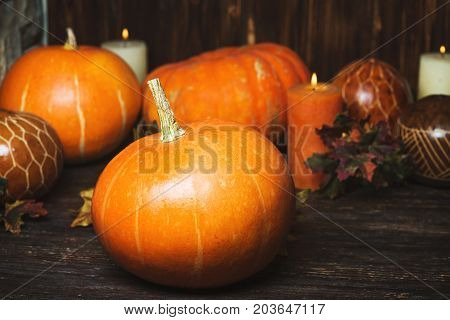 Autumn Pumpkin Thanksgiving Background - orange pumpkins over wooden table