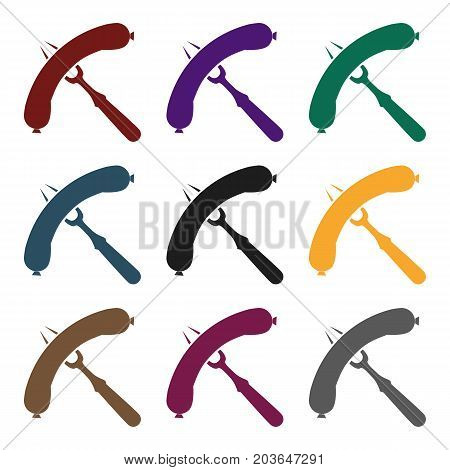 Sausage on barbecue fork icon in black design isolated on white background. Pub symbol stock vector illustration.