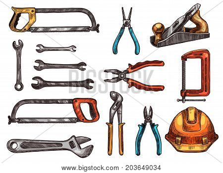 Hand tool isolated sketch set. Spanner, adjustable wrench, pliers, hard hat, saw, wire cutters, jack plane, clamp symbols. Work tool and instrument for carpentry, home repair and construction design
