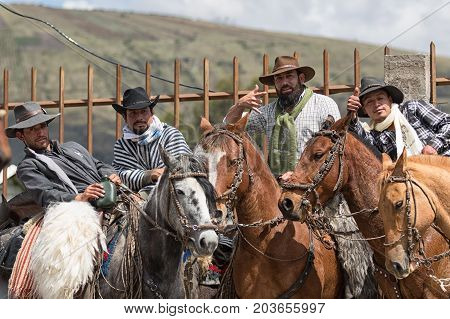 June 10 2017 Toacazo Ecuador: local cowboys posing before the rodeo starts