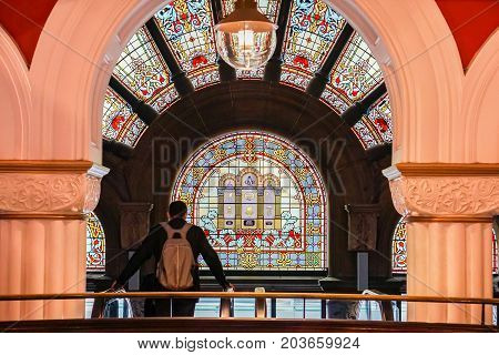 man at QVB building take a look on architecture on holidays taken in Sydney Australia on 8 July 2017
