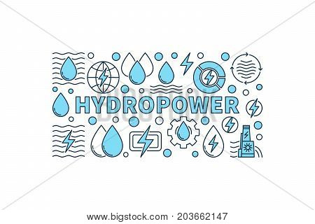 Hydropower minimal banner - vector creative illustration made with word HYDROPOWER and water power icons on white background