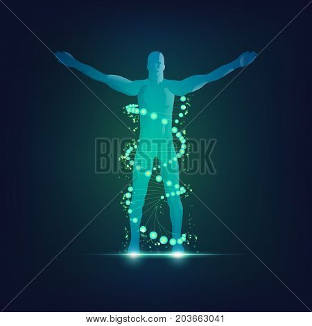 concept of technology advancement, dna symbol combined with human body