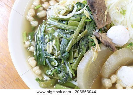 Vietnamse Noodle Soup, Served With Fresh Herbs At The Buddhist Eatery, Radish, Morning Glory, Shiita
