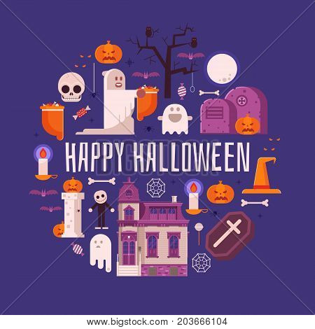 Happy halloween card with old haunted house with ghosts, tombs, bats and pumpkins. Halloween icons and gothic elements stylized in circle. Background or banner horror tale concept illustration.