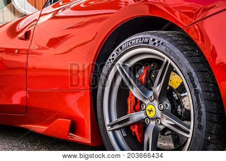 March 2017: Ferrari 458 supercar parked at Circuit de Catalunya in Barcelona Spain