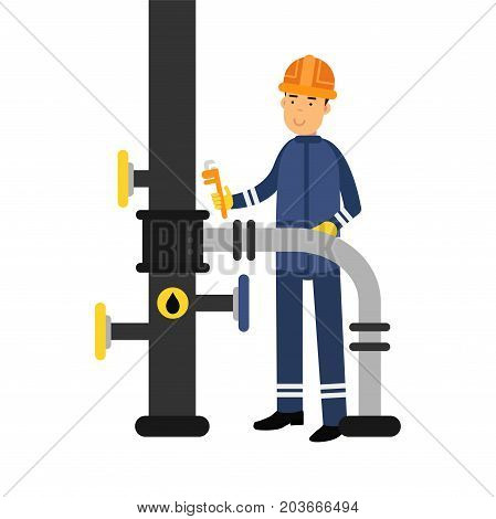 Oilman character in a blue uniform working on an oil pipeline with monkey wrench, oil industry production vector Illustration on a white background