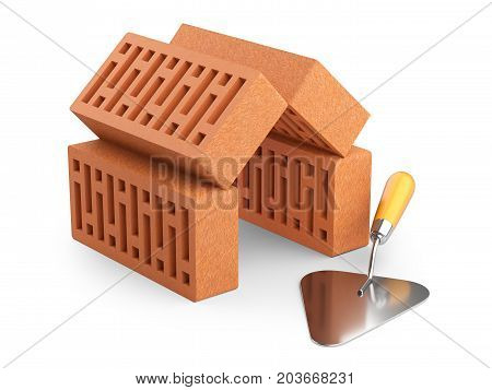 The bricks are arranged in the shape of the house and trowel. Building koncept. 3d illustration on white background.