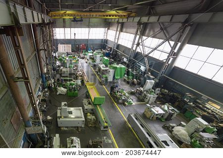 Manufacture of metalworking machines. Modern machine-building enterprise. View from the top point.