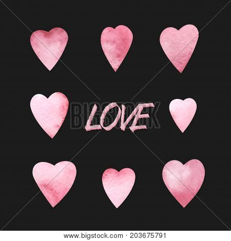 Set of watercolor hearts. Love card with red watercolor hearts.