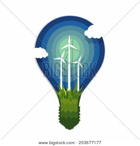 Ecology poster. Silhouette of lamp with wind power generation. Application paper style.
