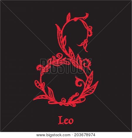 Embroidery with zodiac sign. In red on black background.  Stock line vector illustration.