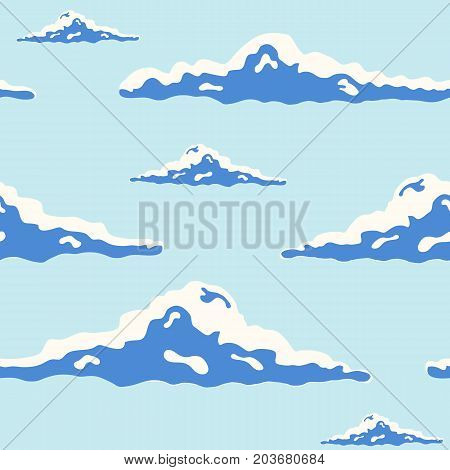 Beautiful seamless pattern with curly clouds of different size in blue sky drawn in pop art style. Backdrop with cloudscape. Modern vector illustration