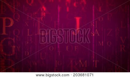 Impressive 3d illustration of computer modeled rosy letters having a variety of shapes and dazzling in the purple background as if they are flying in some fantastic cyber reality