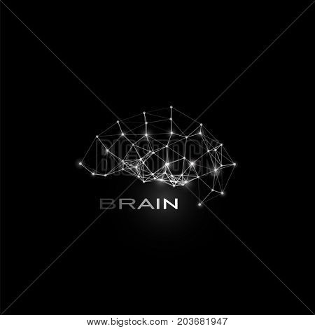 White isolated lines and dots brain, vector shape, polygonal artificial intelligence, data base logo on black cosmic space background