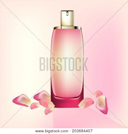 Perfume Cosmetics package Vector realistic mock up. Eau de toillete golden bottle Perfect for advertising, flyer, banner, poster. 3d illustrations