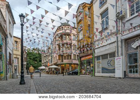 PLOVDIV, BULGARIA - AUGUST 22,  2017: Street in district Kapana, city of Plovdiv, Bulgaria