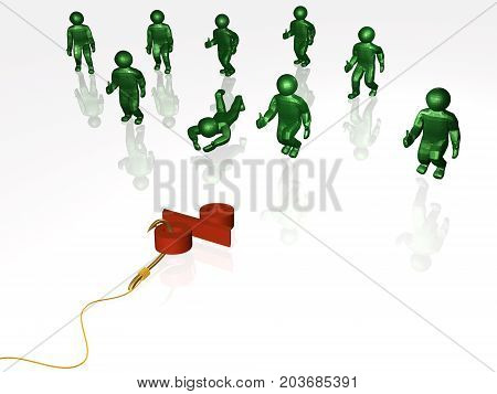 Hook with percent sign and men on white background 3D illustration.