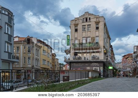 PLOVDIV, BULGARIA - AUGUST 22,  2017: Street in district Kapana, city of Plovdiv, Bulgaria