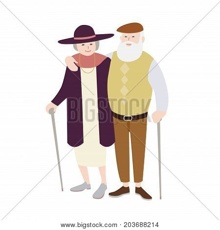 Pair of old man and woman dressed in stylish clothing standing with canes and embracing each other. Senior loving couple. Flat cartoon characters isolated on white background. Vector illustration