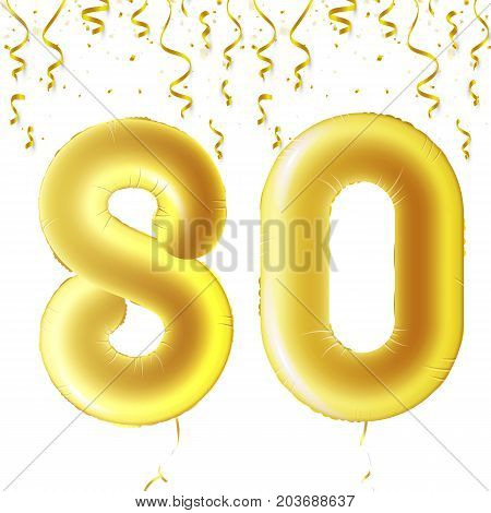 Inflatable golden balls with falling confetti and hanging ribbons. Eighty years, symbol 80. Vector illustration, logo or poster for eightieth birthday celebrating