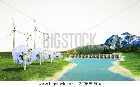 Solar Panels With Wind Turbines Against Mountanis Landscape Against Blue Sky With Clouds 3D Render