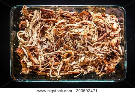 Pulled Pork From Oven In Glass Bowl Ready For Serving.