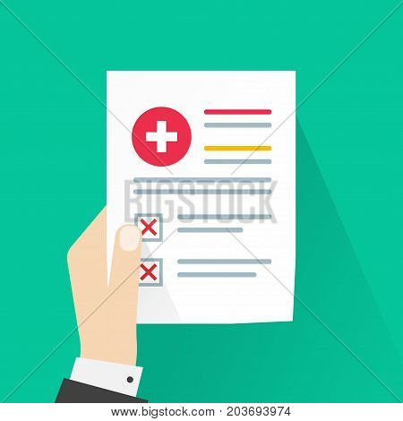 Medical bad results vector illustration, flat cartoon paper document with unhealthy check analysis and bad test result, patient hand holding problem or failed medical record information