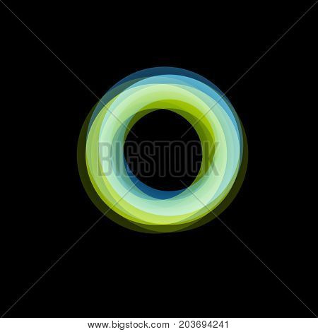 Isolated funnel abstract logo, linear unusual shape, circular line logotype. Luminous hoops, rings, wheel graphic illustration on the black background