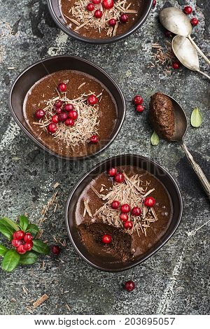 Homemade delicate chocolate mousse with cranberries and chocolate chips in serving ceramic bowls on a gray stone background. Top View