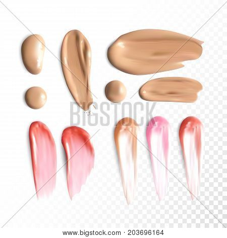 Collection of various lipstick and foundation smears on transparent background. Beauty and cosmetic. Pink lip gloss strokes.