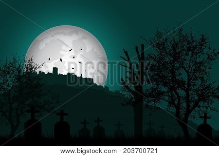 Vector illustration of a graveyard with tombstones and trees in front of a haunted castle on a hill under a green night sky with shining moon and flying bats