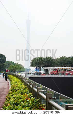 Guangzhou, China - April 24, 2017: Guangzhou Canton Tower Hidden In The Fog On A Overcast Day