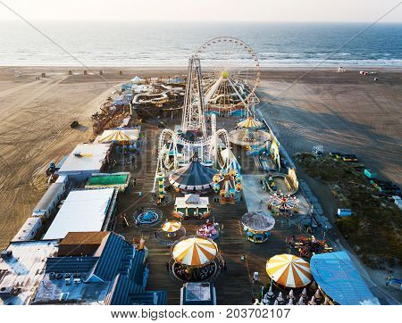 Wildwood, New Jersey, Usa - September 5, 2017: Aerial View Of The The Moreys Piers And Beachfront Wa