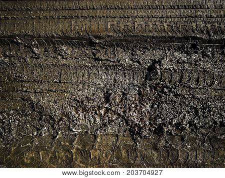 Traces of wheels on the ground. Mud. Abstract natural pattern