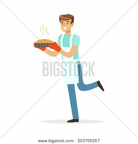 Young smiling man holding fresh baked pie, house husband working at home vector Illustration on a white background