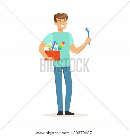Young smiling man cleaning his home, house husband working at home vector Illustration on a white background