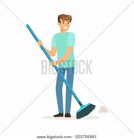 Young smiling man sweeping the floor, house husband working at home vector Illustration on a white background