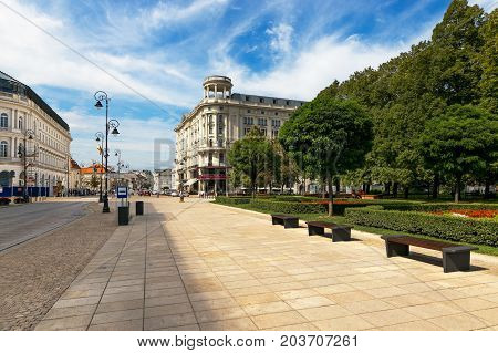 Warsaw, Poland - August 2, 2017: Architecture And People On The Street New World In Warsaw.