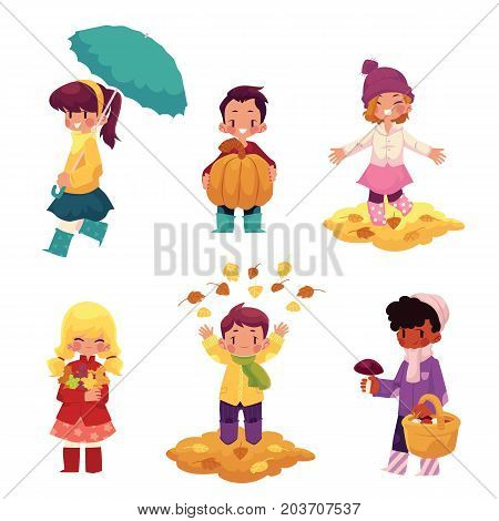 Kids, children having fun in fall, autumn - throwing leaves, picking mushrooms, walking, cartoon vector illustration isolated on white background. Cartoon kids, boys and girls, enjoy autumn, fall