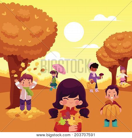Kids, children having fun in fall, autumn - throwing leaves, picking mushrooms, walking in park, cartoon vector illustration. Cartoon kids enjoy autumn activities, poster, greeting card template