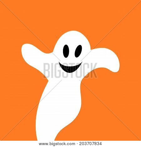 Flying ghost spirit. Happy Halloween. Scary white ghosts. Cute cartoon spooky character. Smiling face, hands. Orange background Greeting card.